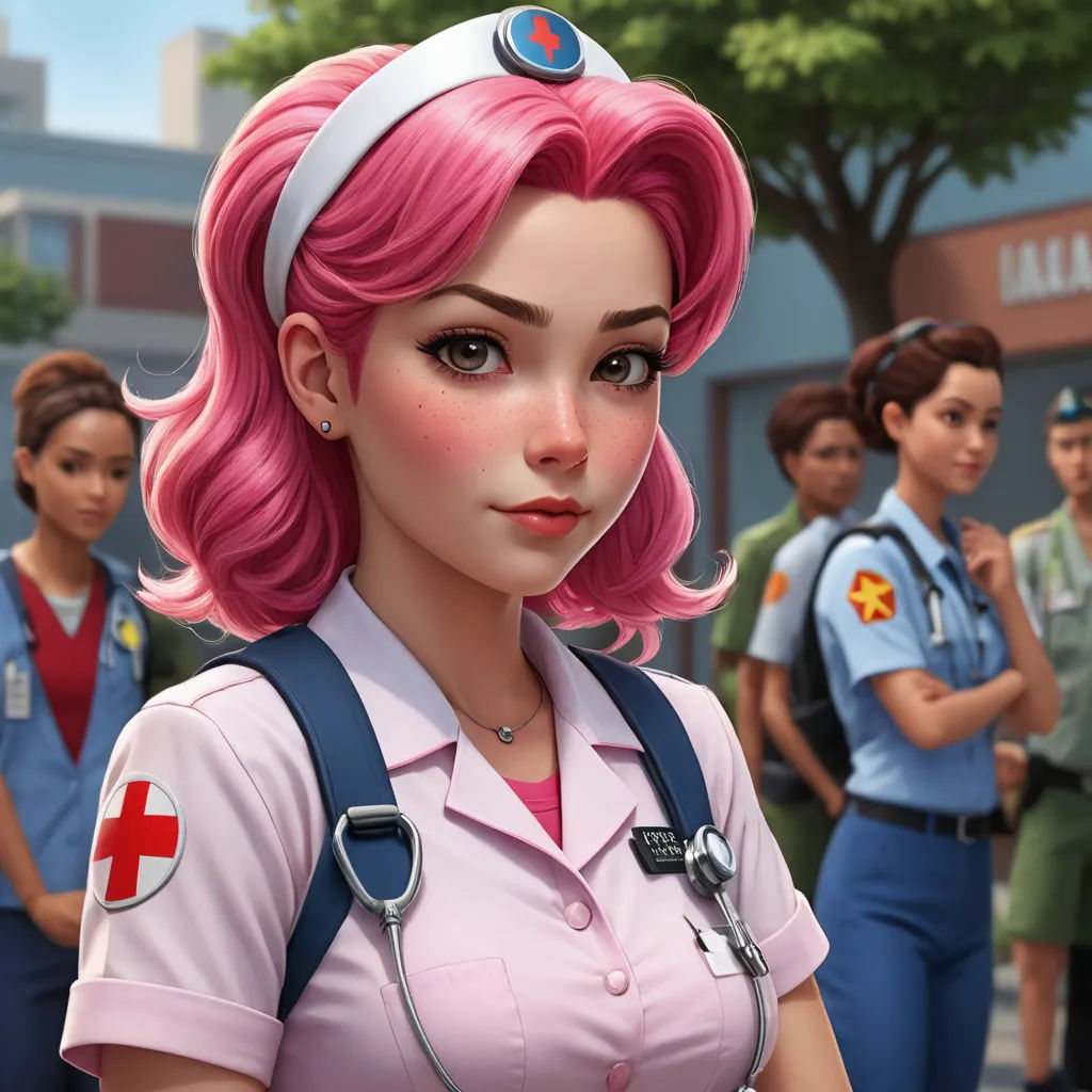 a cartoon of a nurse with pink hair and a nurse's cap on, standing in front of a group of nurses, sots art, a character portrait, Artgerm, unreal engine 5 quality render