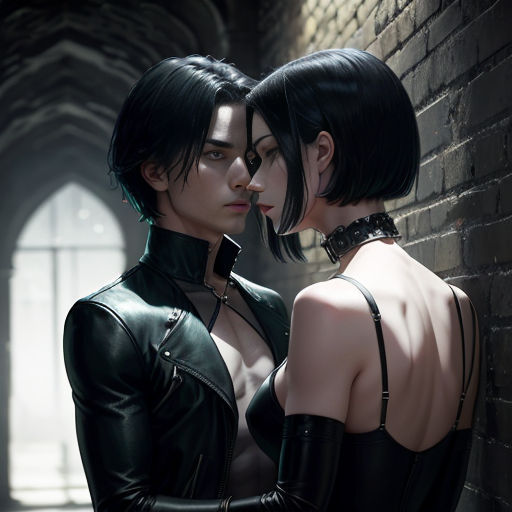 a couple of people standing next to each other near a brick wall and a window with a light shining on them