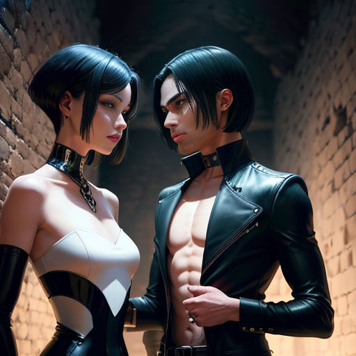 a couple of people that are standing next to each other in a room with brick walls and a brick wall