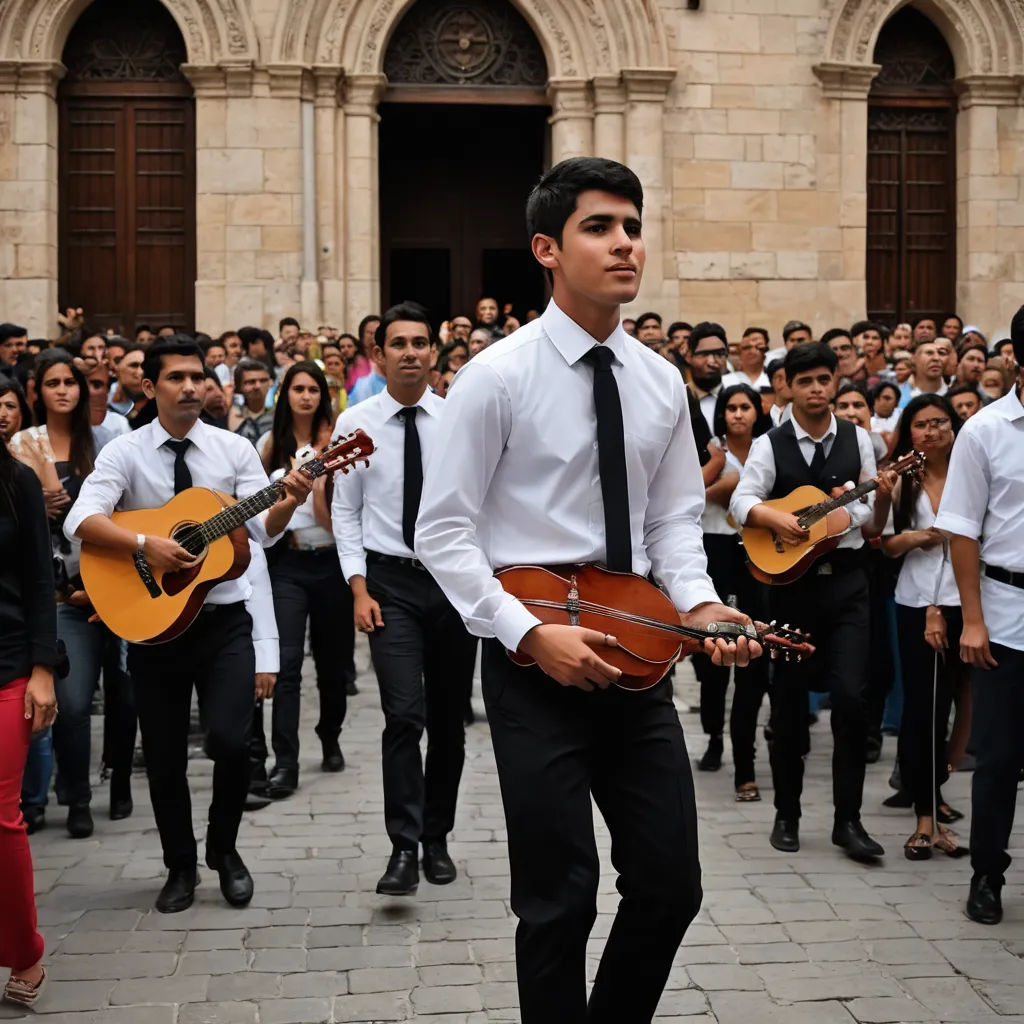 a man in a white shirt and tie holding a guitar and a guitar in front of a crowd of people, quito school, a photo, Aníbal Villacís, promotional image