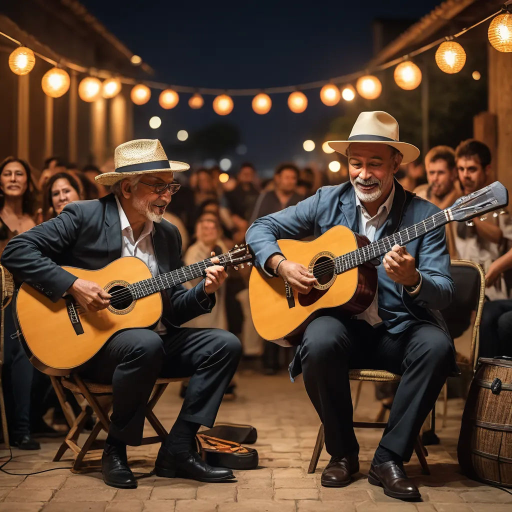 two men playing guitars in front of a crowd of people at a party or event in a courtyard at night, art & language, a stock photo, Diego Gisbert Llorens, cinematic photography