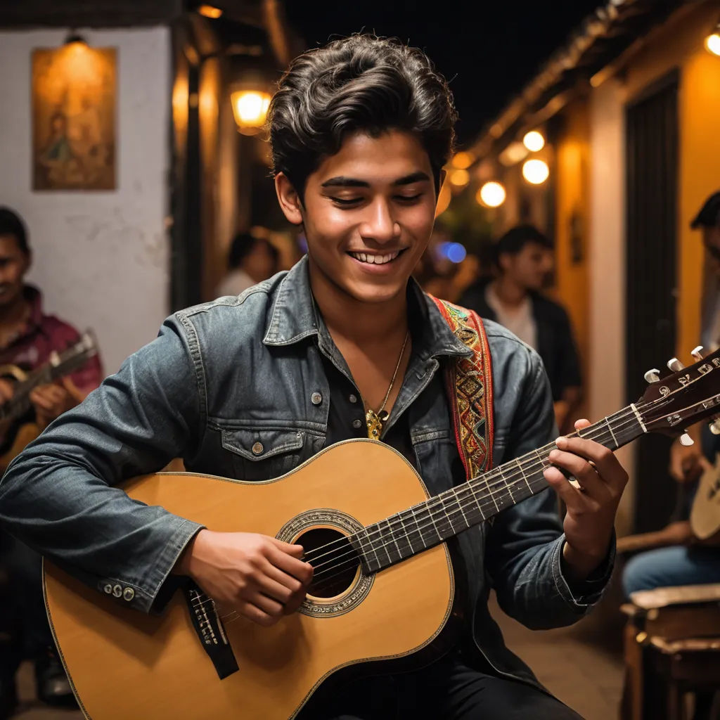 a man playing a guitar in a restaurant with other people in the background playing instruments and singing on the stage, quito school, a stock photo, Camilo Egas, jayison devadas