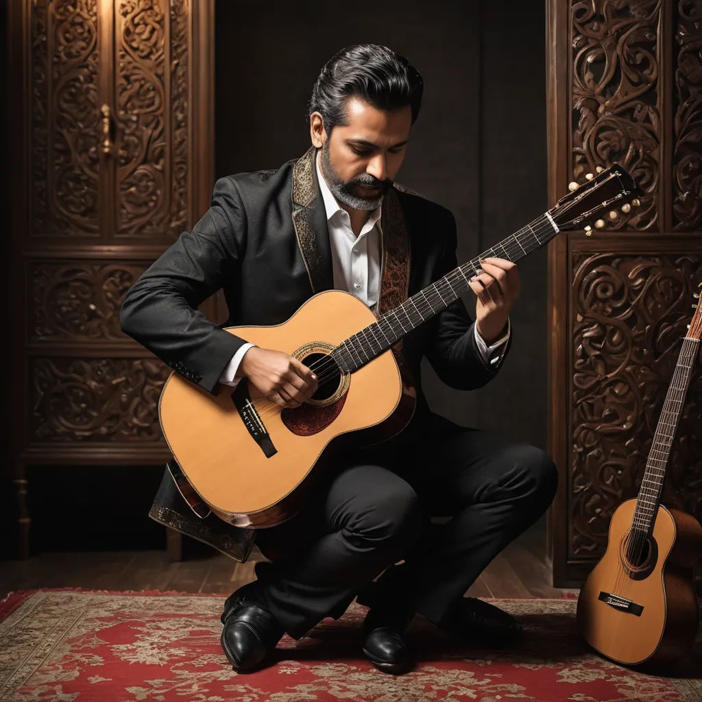 a man in a suit playing a guitar on a rug in a room with a red carpet and a wooden door, qajar art, a flemish Baroque, Bholekar Srihari, jayison devadas