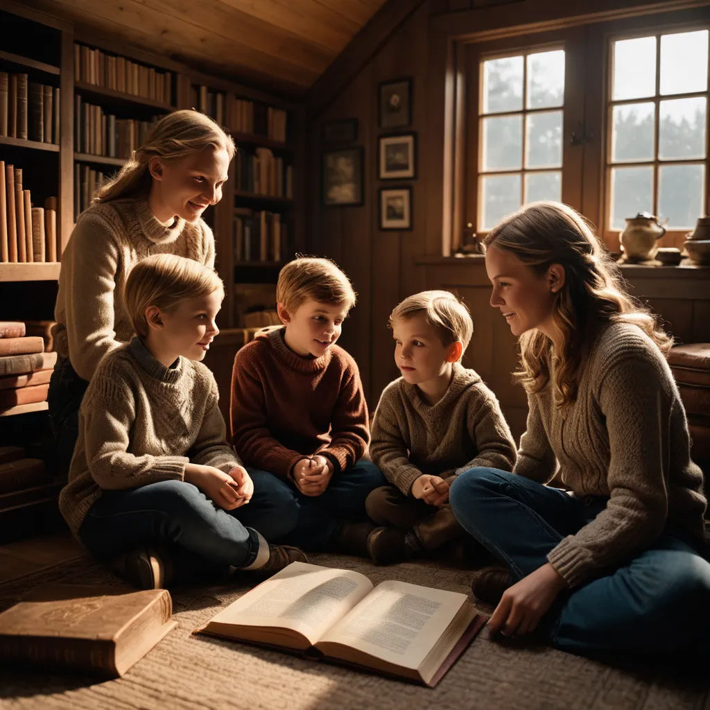 a woman sitting on the floor with two children and a book in front of her and a woman standing behind her, art & language, a storybook illustration, Christian Hilfgott Brand, promotional image