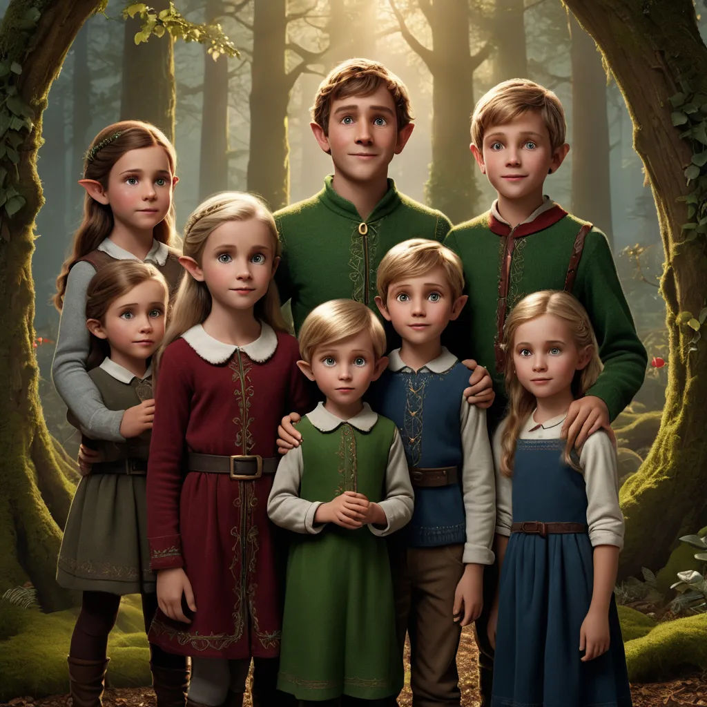 a group of children standing in front of a forest with a man in a green shirt and a woman in a red dress, antipodeans, poster art, disney, promotional image