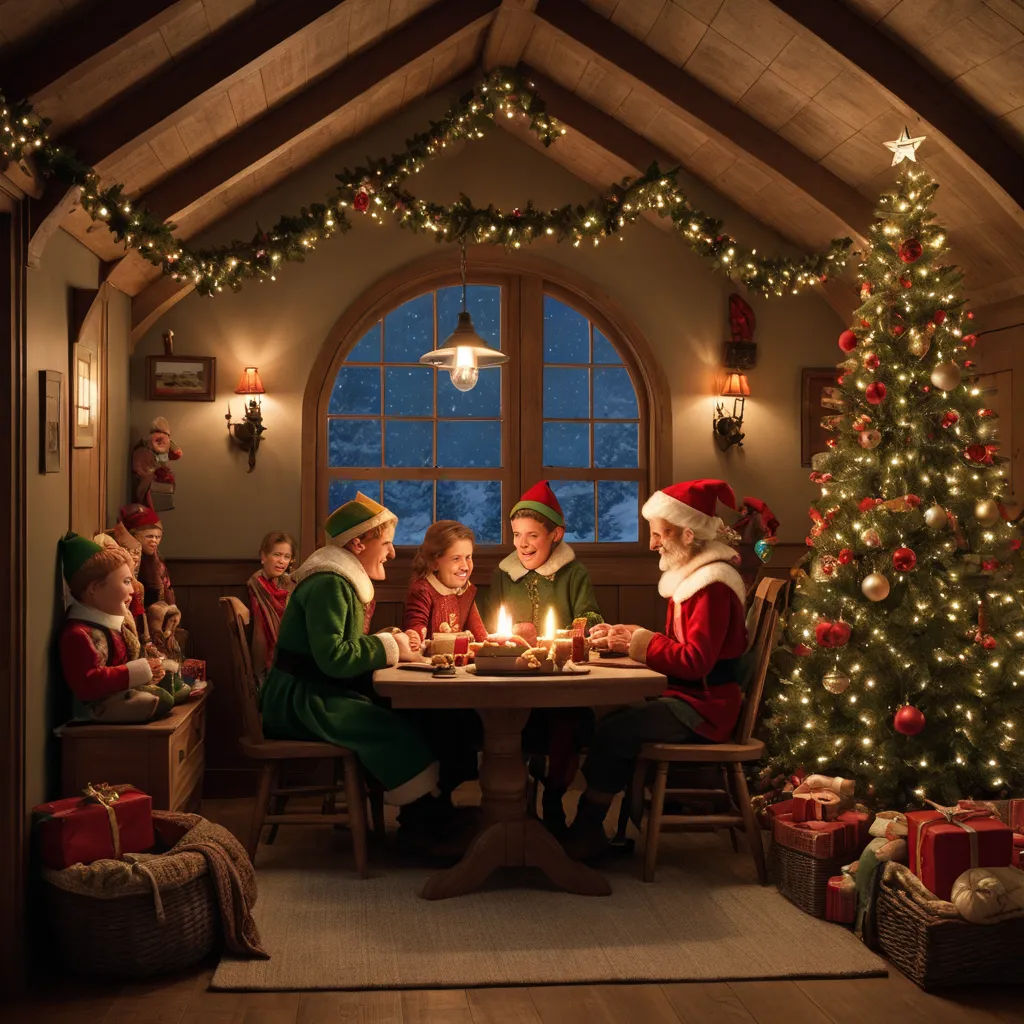 a group of people sitting around a table with a lit candle in front of a christmas tree with presents, dau-al-set, a digital rendering, Evgeny Lushpin, promotional image