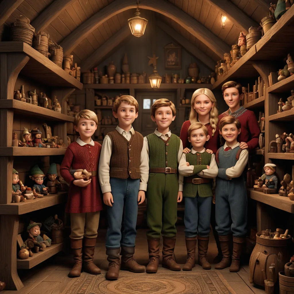 a group of children standing in a room with shelves full of dolls and figurines on the walls, antipodeans, a storybook illustration, Cliff Childs, promotional image