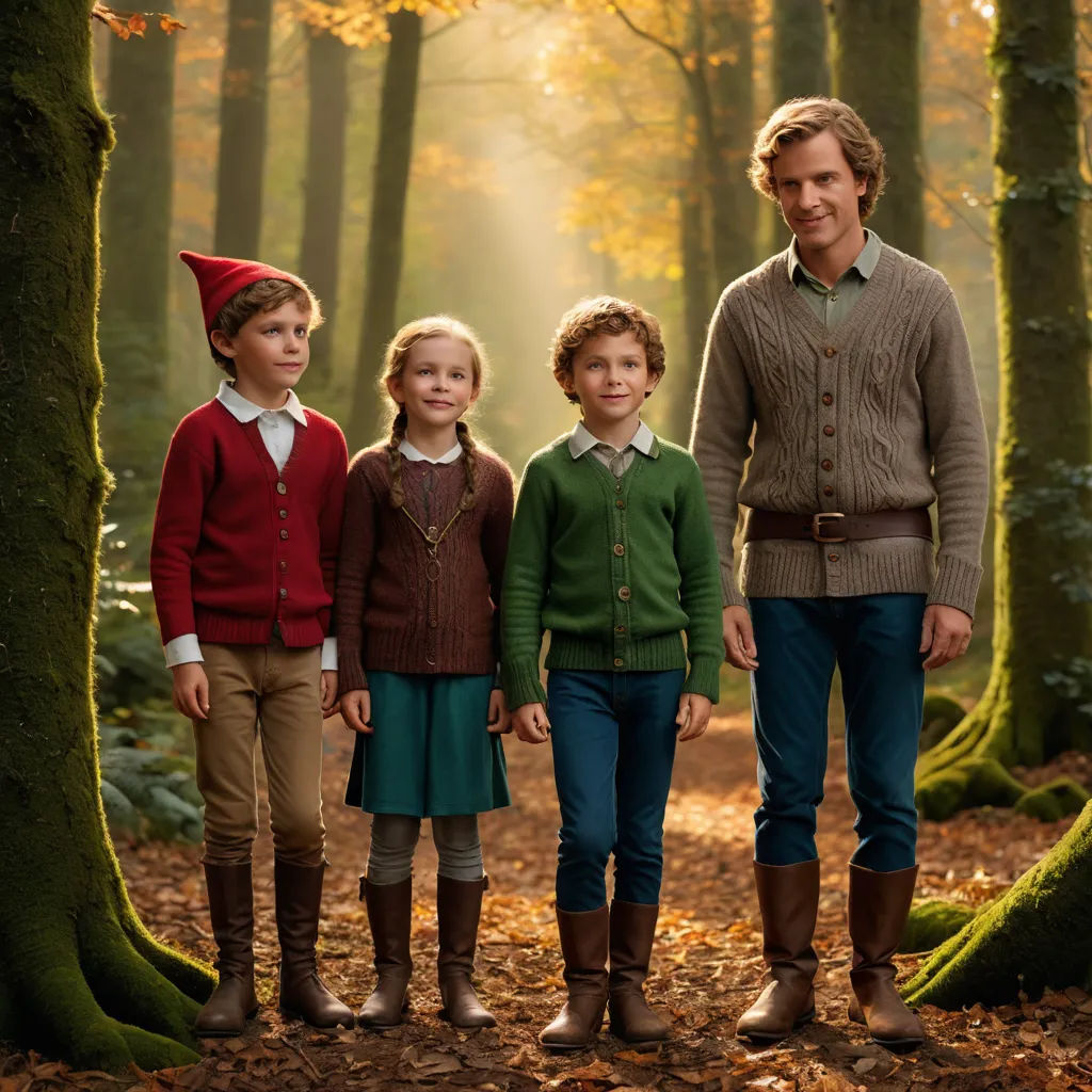 a group of people standing in a forest with trees and leaves on the ground and one man wearing a red hat, kitsch movement, a storybook illustration, Christian Hilfgott Brand, promotional image