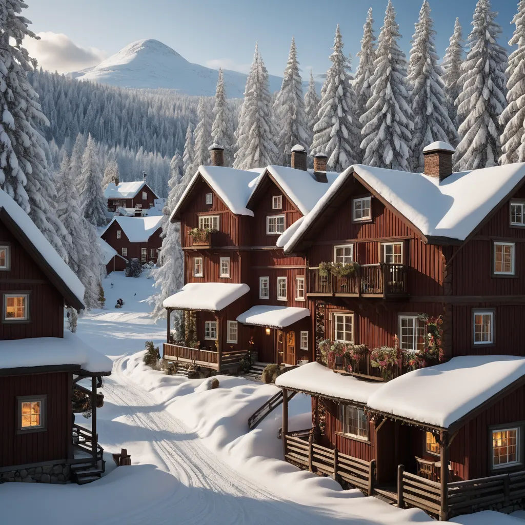 a snowy mountain town with a lot of houses and trees in the background and a snow covered mountain in the distance, photorealism, a detailed matte painting, Evgeny Lushpin, winter