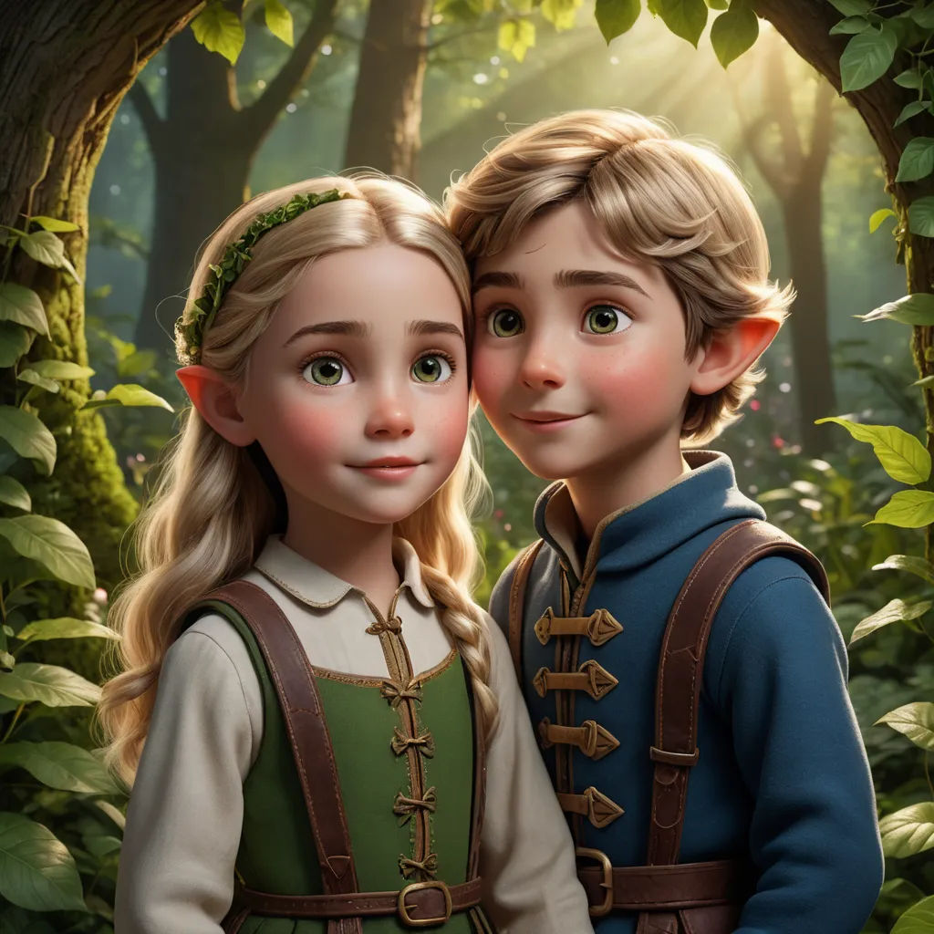 a couple of kids standing next to each other in a forest with trees and bushes behind them and sunlight shining through the leaves, sots art, concept art, Anne Said, official art