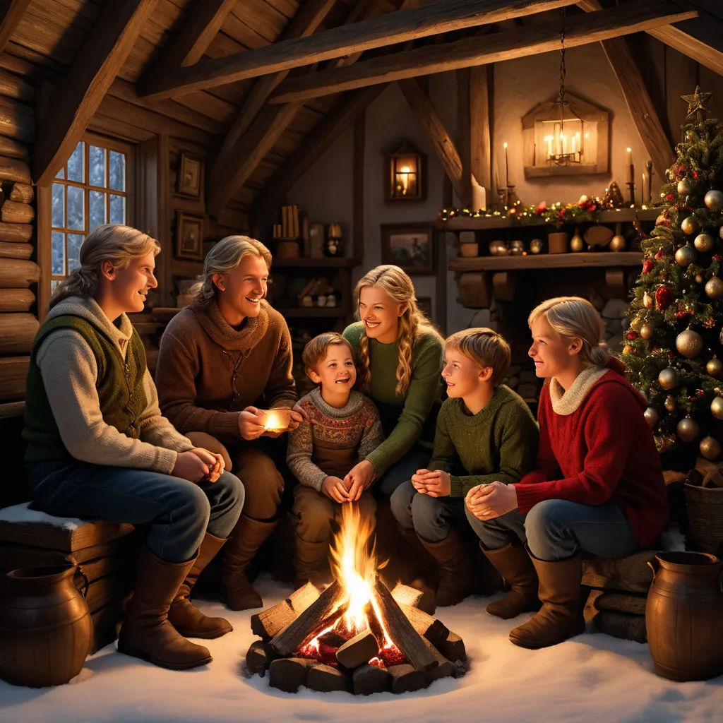 a family sitting around a fire in a cabin with a christmas tree in the background and a lit fireplace, dau-al-set, a storybook illustration, Bálint Kiss, promotional image