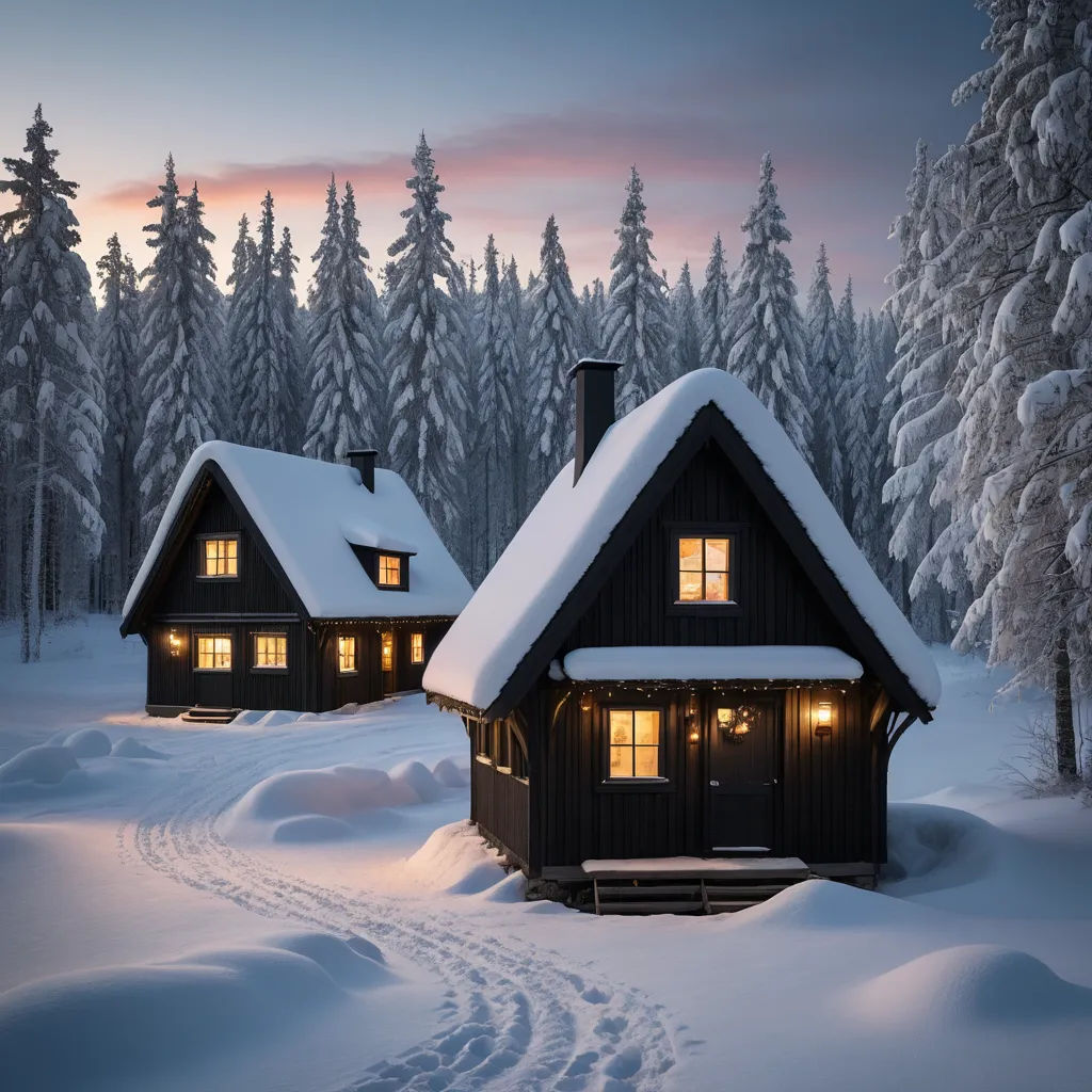a cabin in the middle of a snowy forest at night with lights on the windows and a snow covered path leading to the cabin, antipodeans, a storybook illustration, Evgeny Lushpin, winter