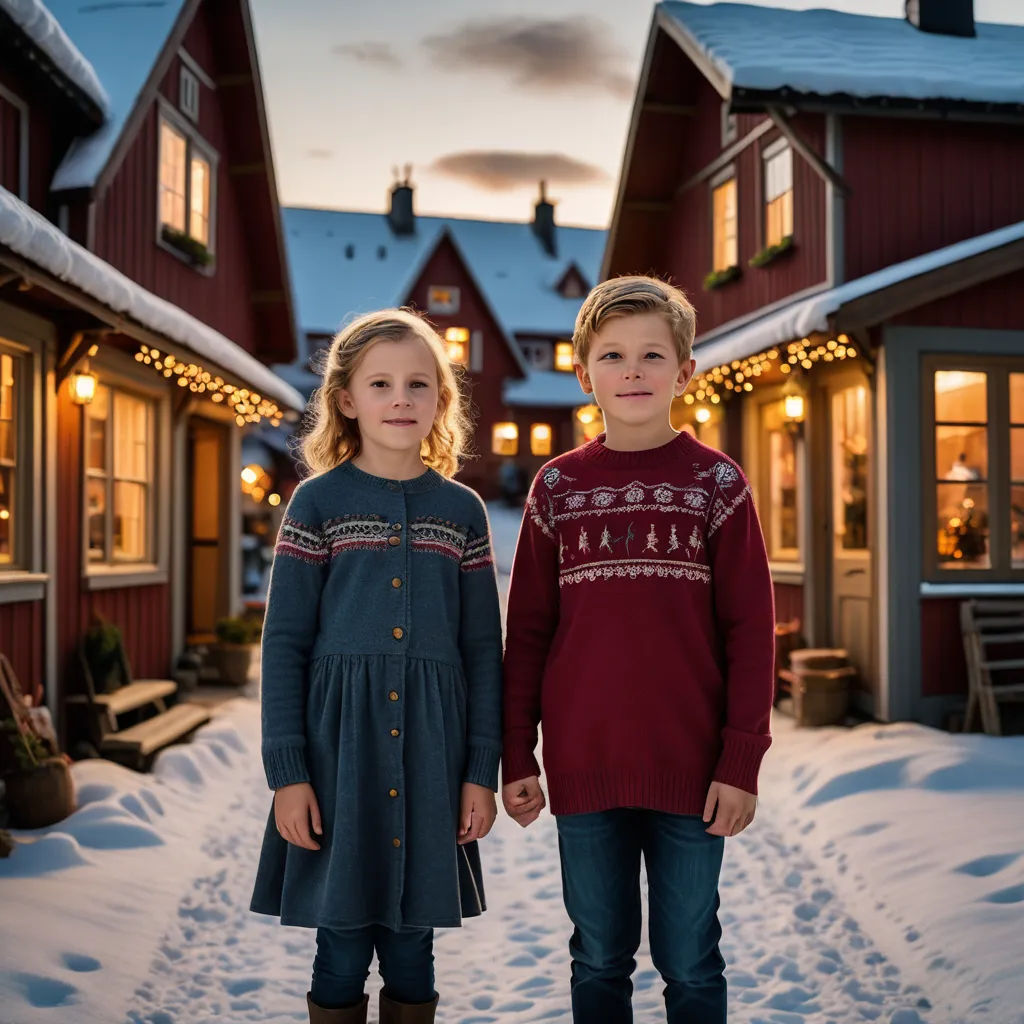 two children standing in front of a red house in the snow at night with lights on the windows and a snow covered driveway, antipodeans, a storybook illustration, Evaline Ness, promotional image