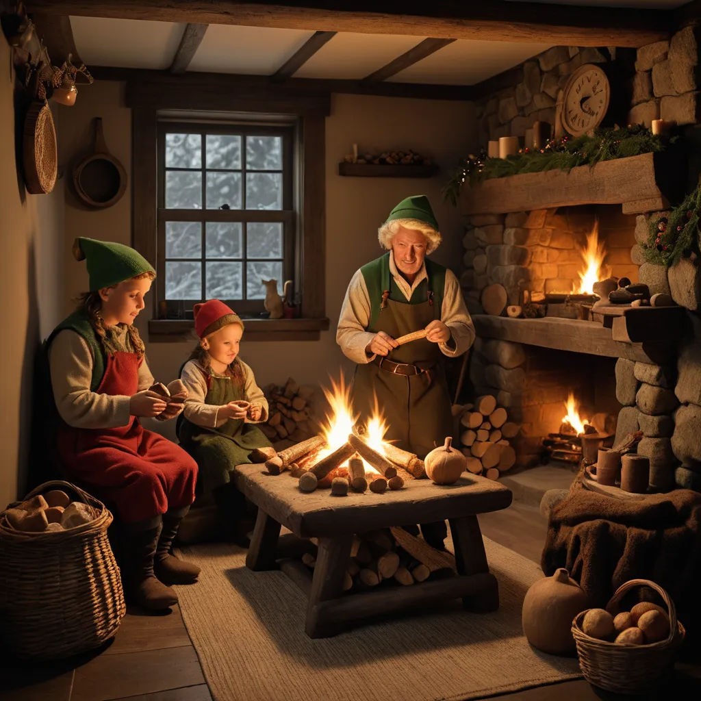 a family sitting around a fire in a living room with a man and two children sitting on the floor, arts and crafts movement, a storybook illustration, Anne Geddes, unreal engine render