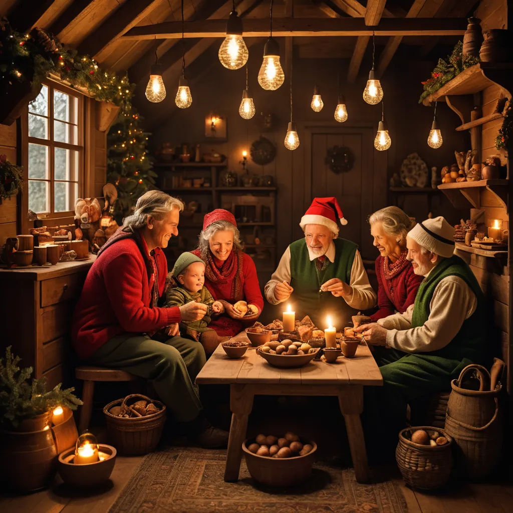 a group of people sitting around a table with a lit candle in front of them and a christmas tree, arts and crafts movement, a stock photo, Ernest William Christmas, rembrandt lighting