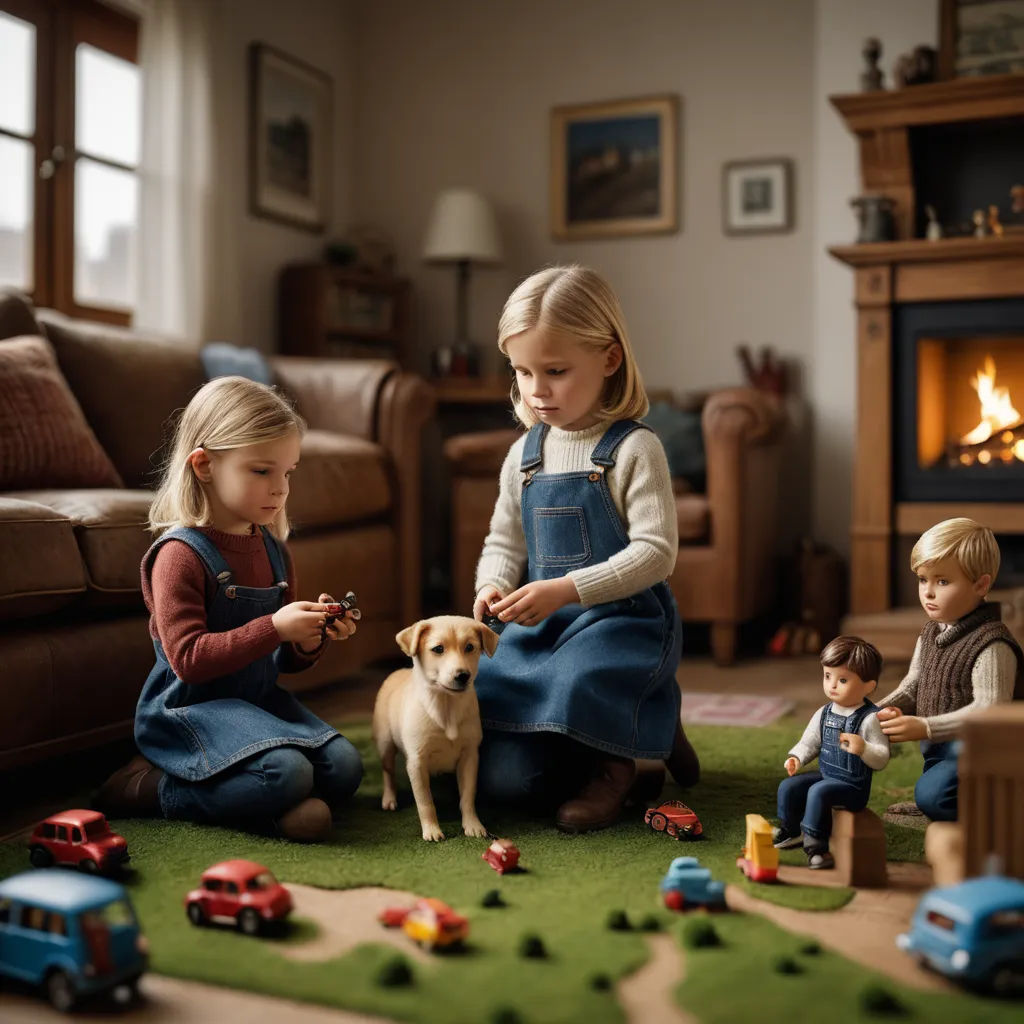two little girls playing with a dog and toy cars in a living room with a fireplace and couch in the background, photorealism, a tilt shift photo, Daniel Lieske, award - winning photography