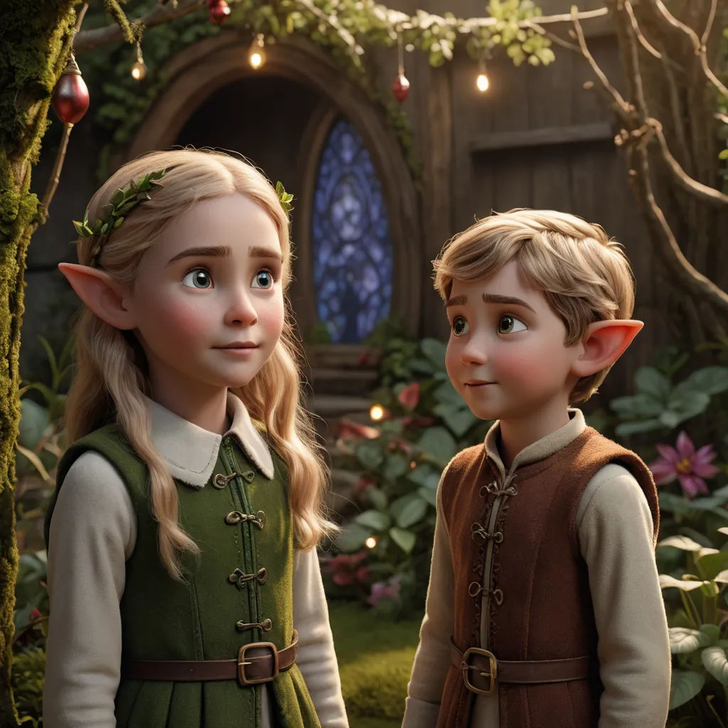 a couple of kids standing next to each other in a forest with lights on the trees and a fairy door, antipodeans, a detailed matte painting, Cliff Childs, promotional image