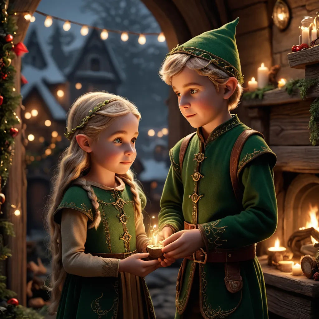a couple of kids standing next to each other in front of a fireplace with a lit candle in their hands, photorealism, a storybook illustration, Cliff Childs, unreal engine render