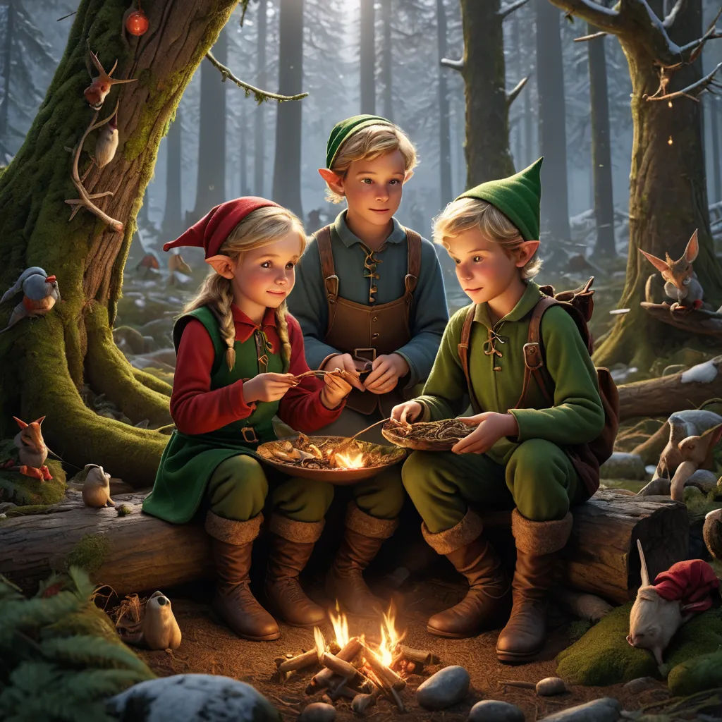 a painting of three children sitting around a campfire in the woods, one of them is holding a plate of food, fantasy art, a storybook illustration, Cliff Childs, official art
