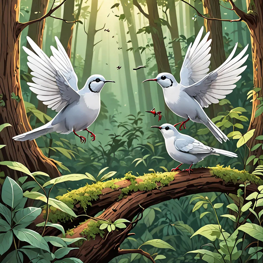 two white birds flying over a tree branch in a forest with green leaves and a sunbeam in the background, a storybook illustration, birds, naturalism, David Martin