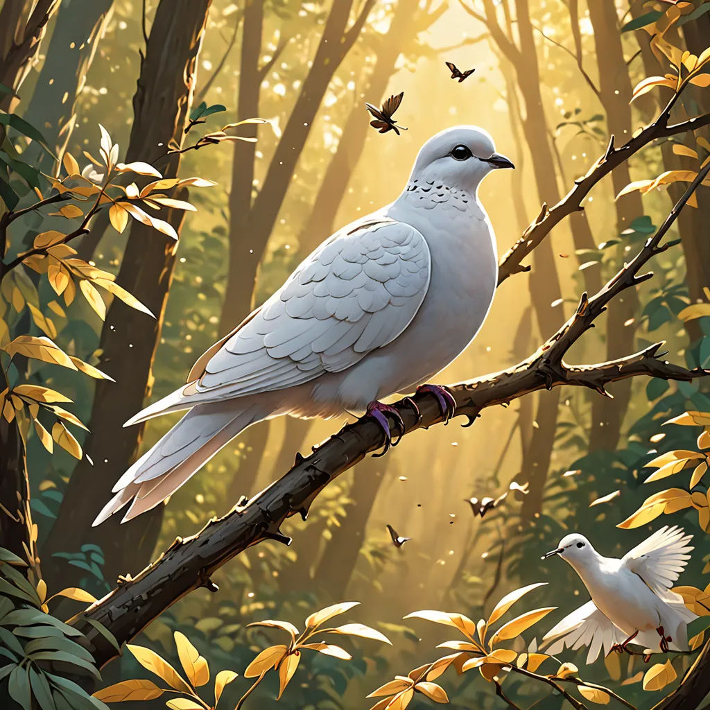 a white bird sitting on a branch in a forest with yellow leaves and butterflies flying around it, and a white bird standing on a branch, a digital painting, birds, fantasy art, Chris LaBrooy