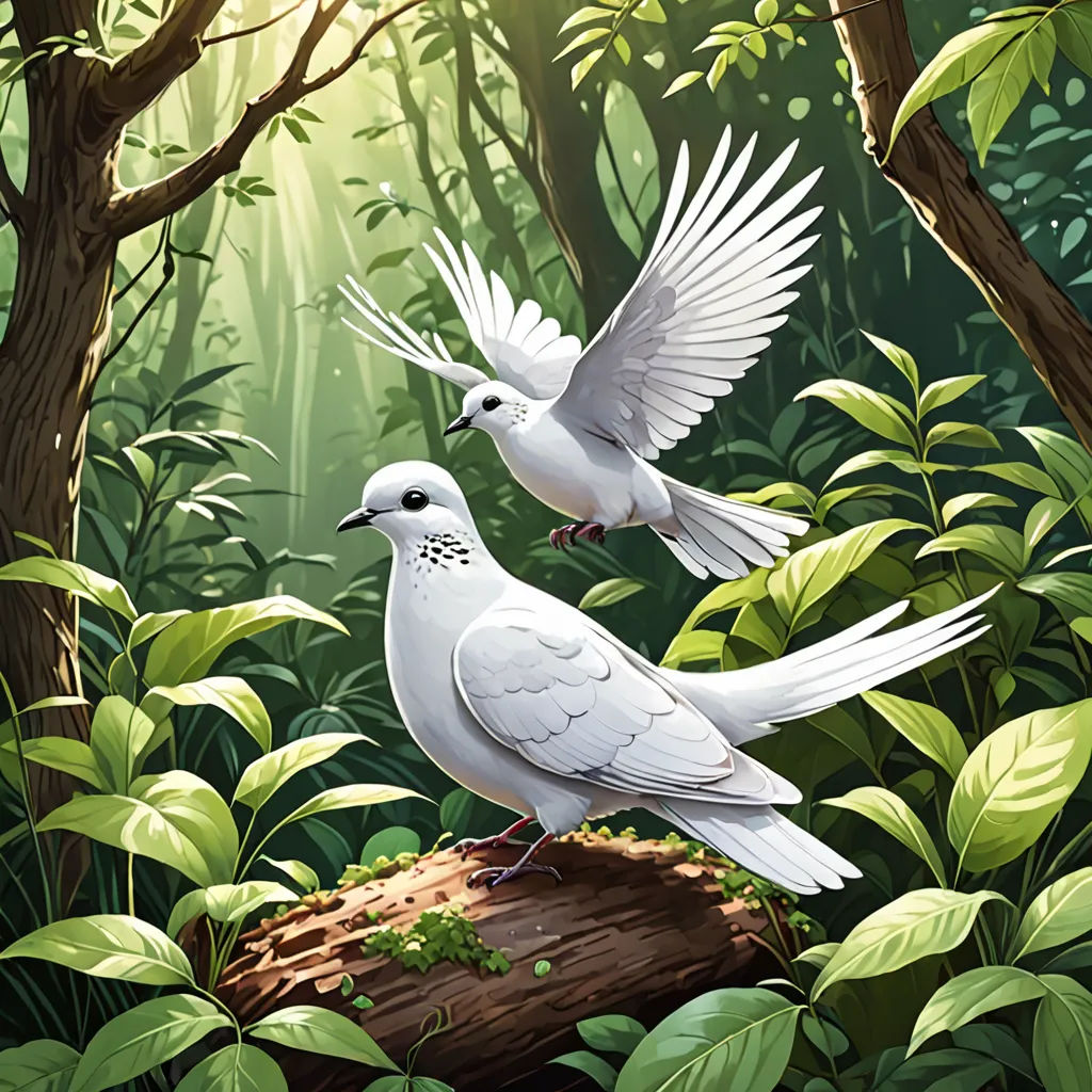 two white birds are standing on a log in the forest with green leaves and trees around them, and one is flying away, a storybook illustration, birds, naturalism, Charles Bird King
