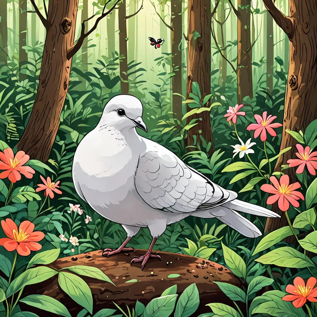 a white bird standing on a log in a forest with flowers and butterflies around it and a butterfly flying over it, a storybook illustration, forest, environmental art, Anson Maddocks