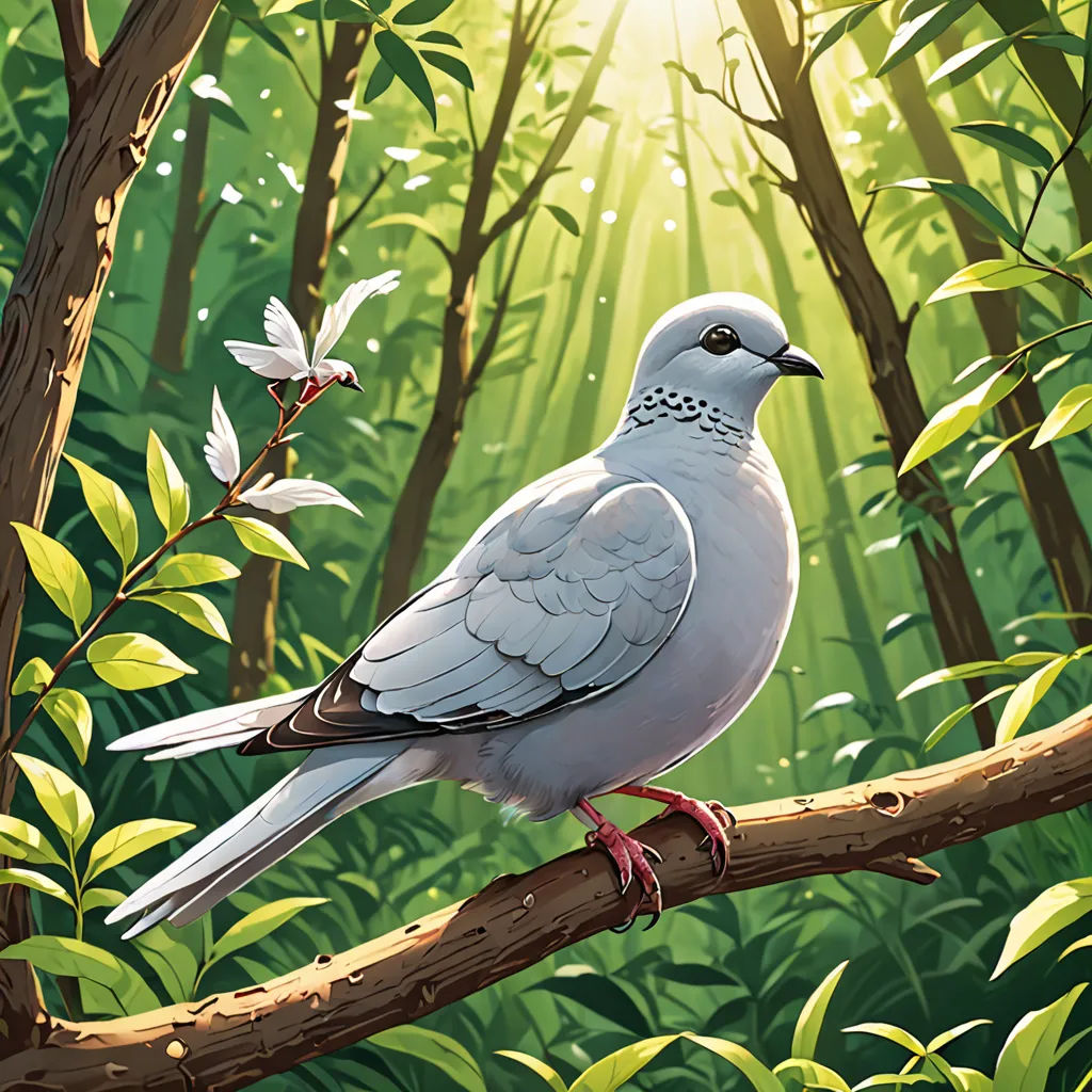 a white bird sitting on a branch in a forest with green leaves and flowers, with the sun shining through the trees, a digital painting, official art, altermodern, David Martin