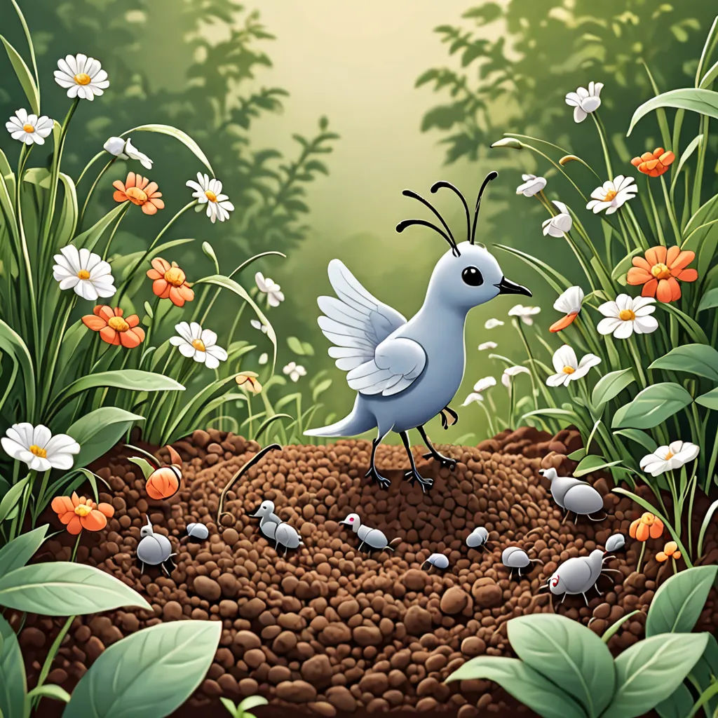 a bird is standing on a patch of dirt in a field of flowers and grass with a bird on top of it, a storybook illustration, birds, environmental art, Craola