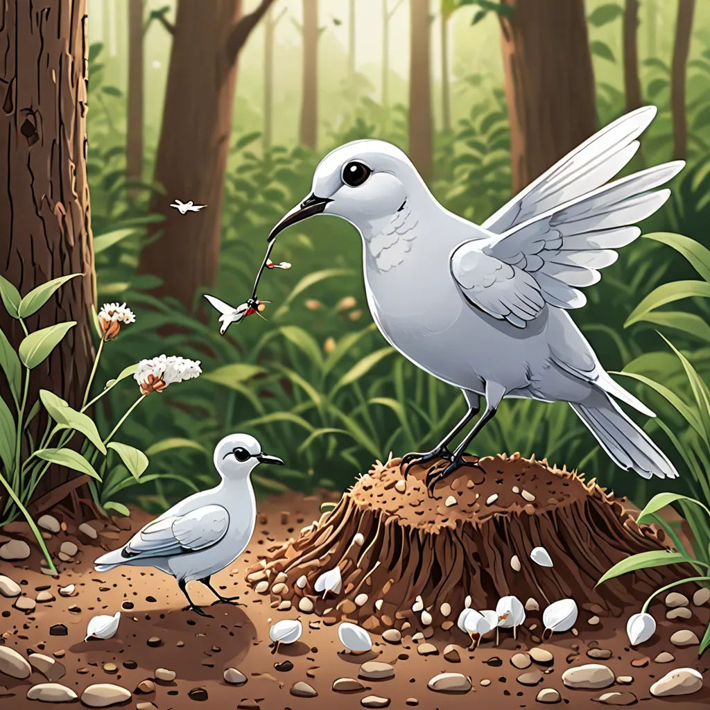 a bird feeding another bird in a forest with rocks and grass and rocks on the ground and a tree stump, a storybook illustration, storybook illustration, environmental art, Craola