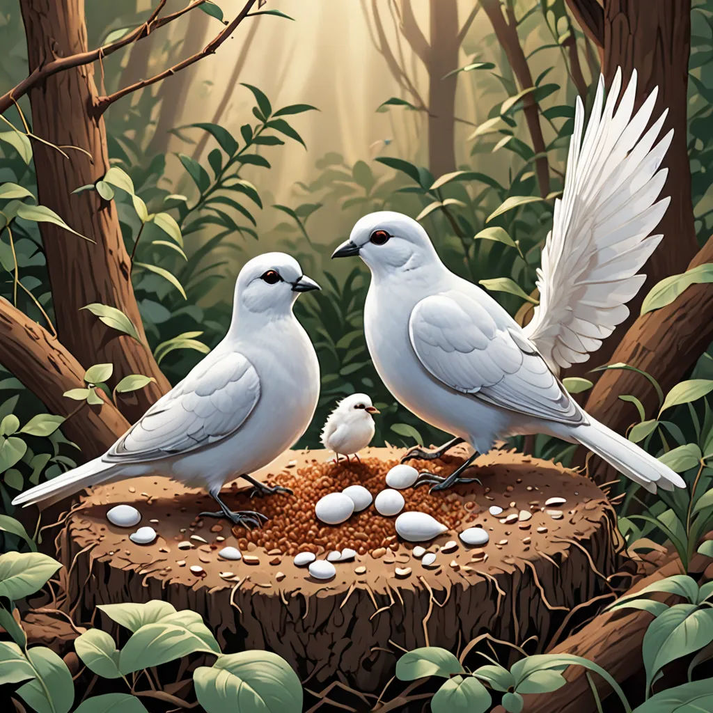 two white birds standing on a tree stump in a forest with eggs in the nest and a bird on the stump, a storybook illustration, birds, fantasy art, David Martin