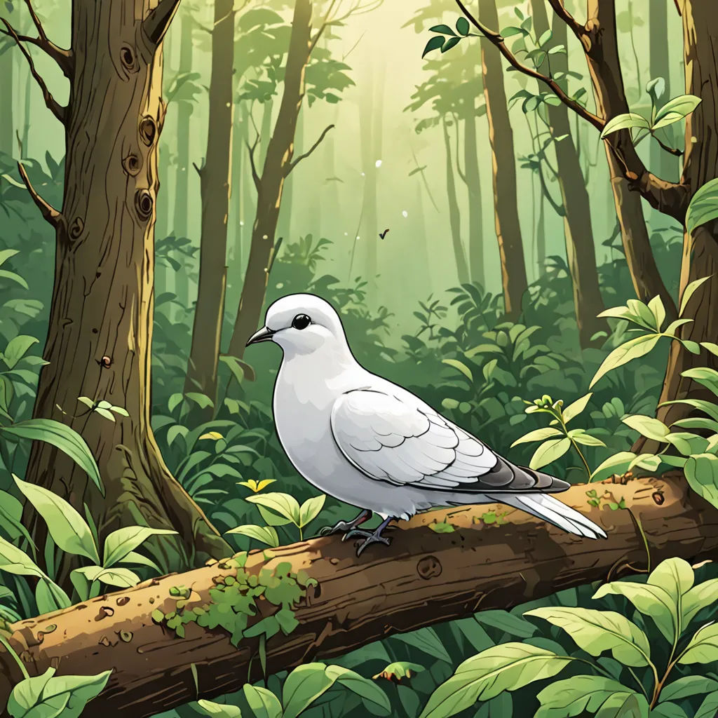 a white bird sitting on a tree branch in a forest with green leaves and a sunbeam in the background, a storybook illustration, official art, naturalism, Charles Bird King