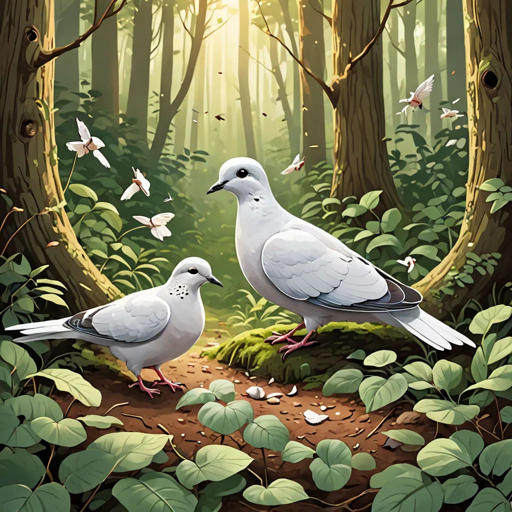 two white birds standing on a dirt path in a forest with green leaves and butterflies flying around them and a sunbeam, a storybook illustration, birds, magic realism, David Martin