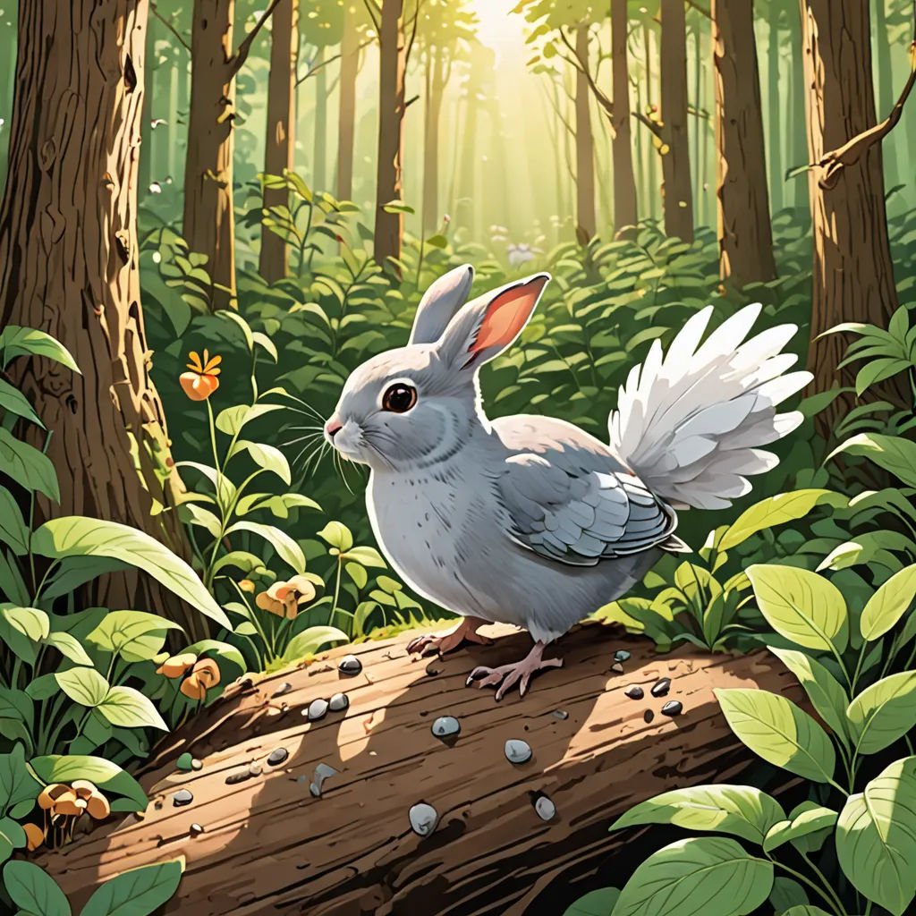 a bird sitting on a log in a forest with lots of trees and flowers around it, with sunlight shining through the trees, a storybook illustration, rossdraws global illumination, context art, Chris LaBrooy