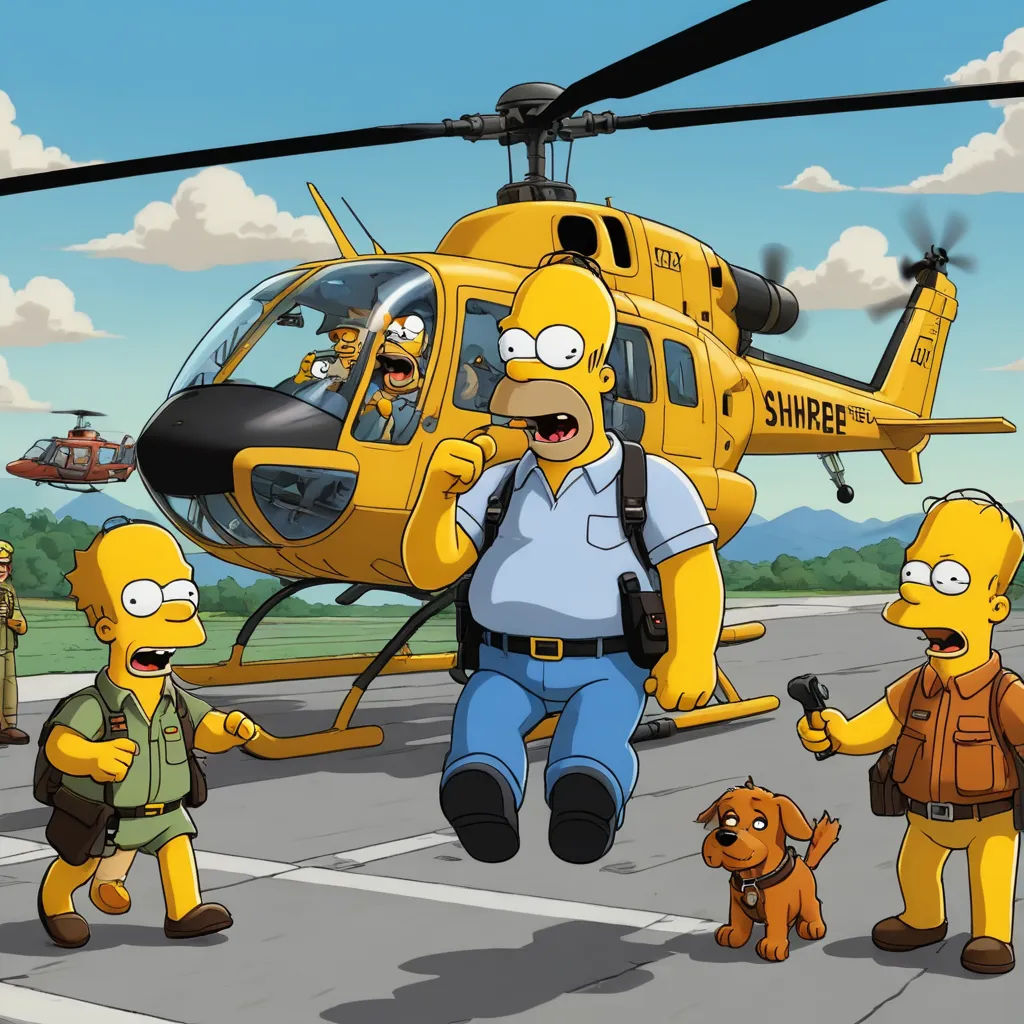 a cartoon of a man in a suit and some people and a helicopter on a runway with a dog, furry art, concept art, Charles Fremont Conner, promotional image