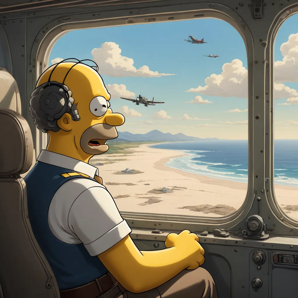 a cartoon character sitting in a plane looking out the window at an airplane flying over the beach and ocean, sots art, a comic book panel, Charles Fremont Conner, official art