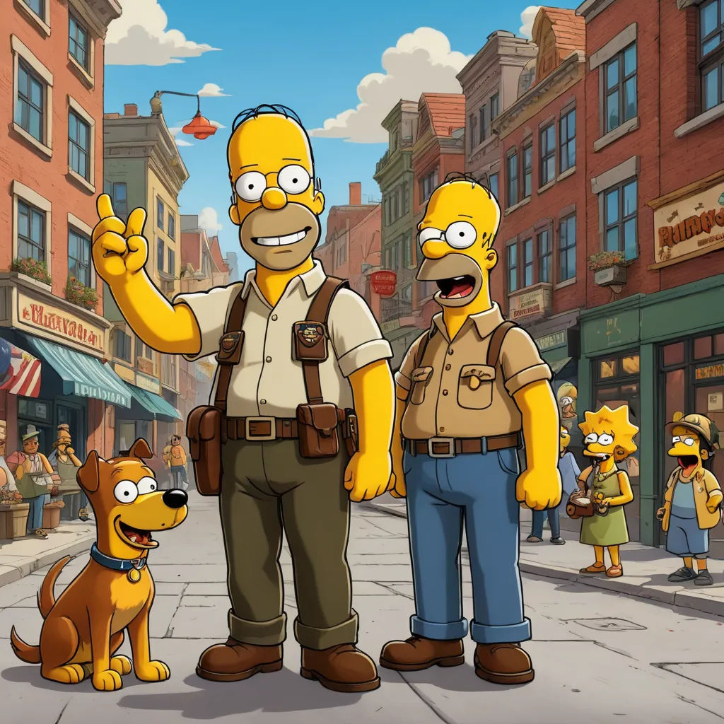 a cartoon of a man and a woman standing next to a dog on a city street with people walking by, furry art, concept art, disney, promotional image