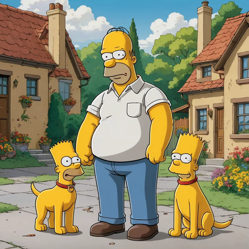 a man standing next to two dogs in front of a house with a dog on the ground and a house in the background, furry art, a comic book panel, Altichiero, promotional image