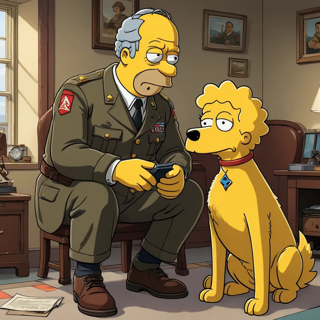 a cartoon of a man in a military uniform sitting next to a dog in a room with a picture of a man in a military uniform, furry art, a character portrait, Charles Schulz, promotional image