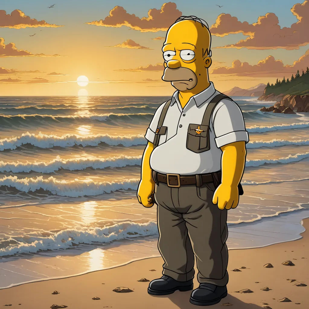 a cartoon character standing on a beach at sunset with the sun in the background and a person in the foreground, fine art, a character portrait, Edward Otho Cresap Ord, II, official art