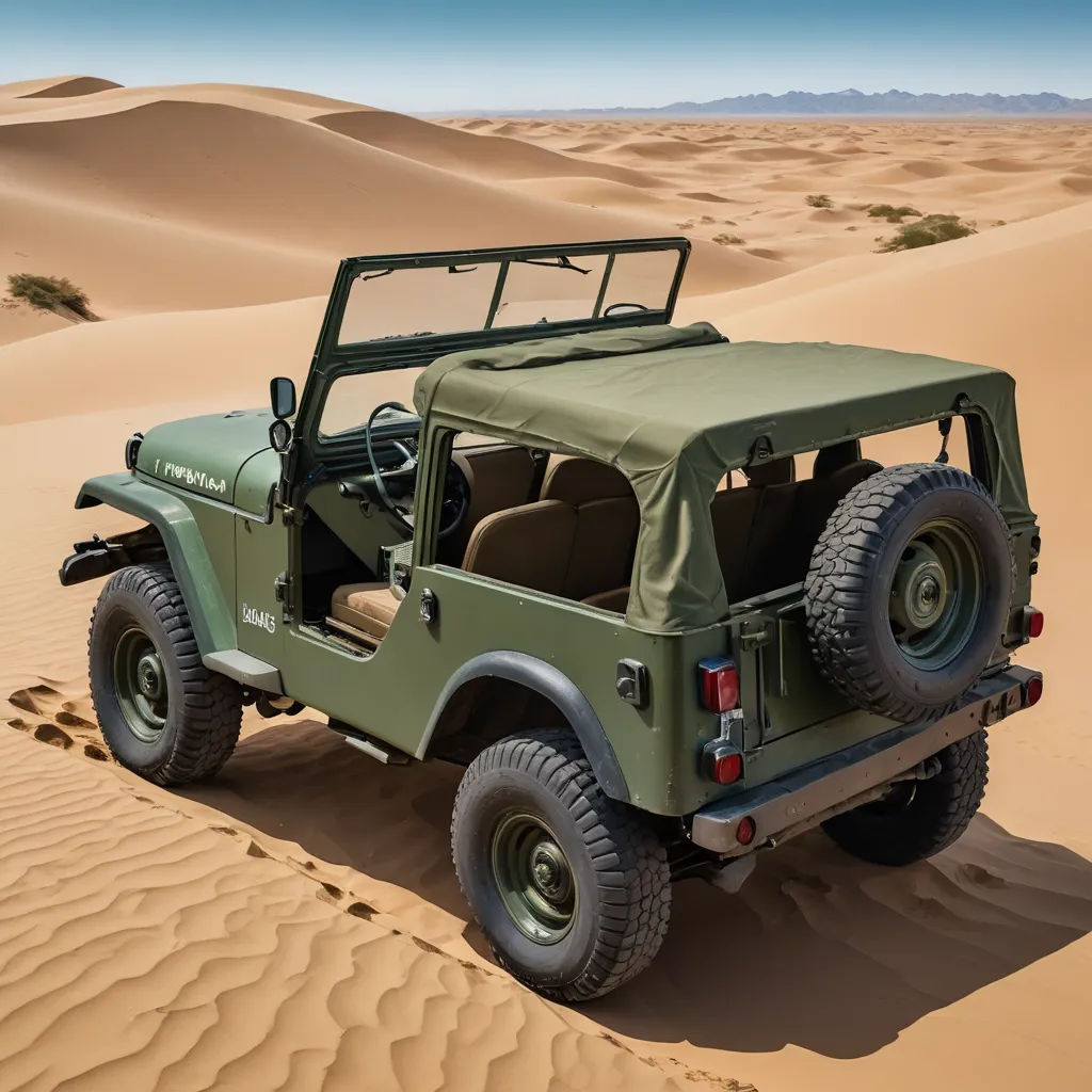 a green jeep driving through the desert with a roof tent on top of it's roof, and a person standing next to it, serial art, a computer rendering, Dahlov Ipcar, desert