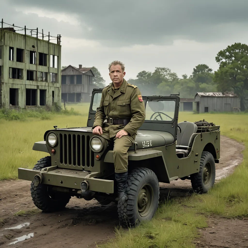 a man in a military uniform sitting on a jeep in a field with a building in the background and a dirt road, cobra, a detailed matte painting, Donald Sherwood, promotional image