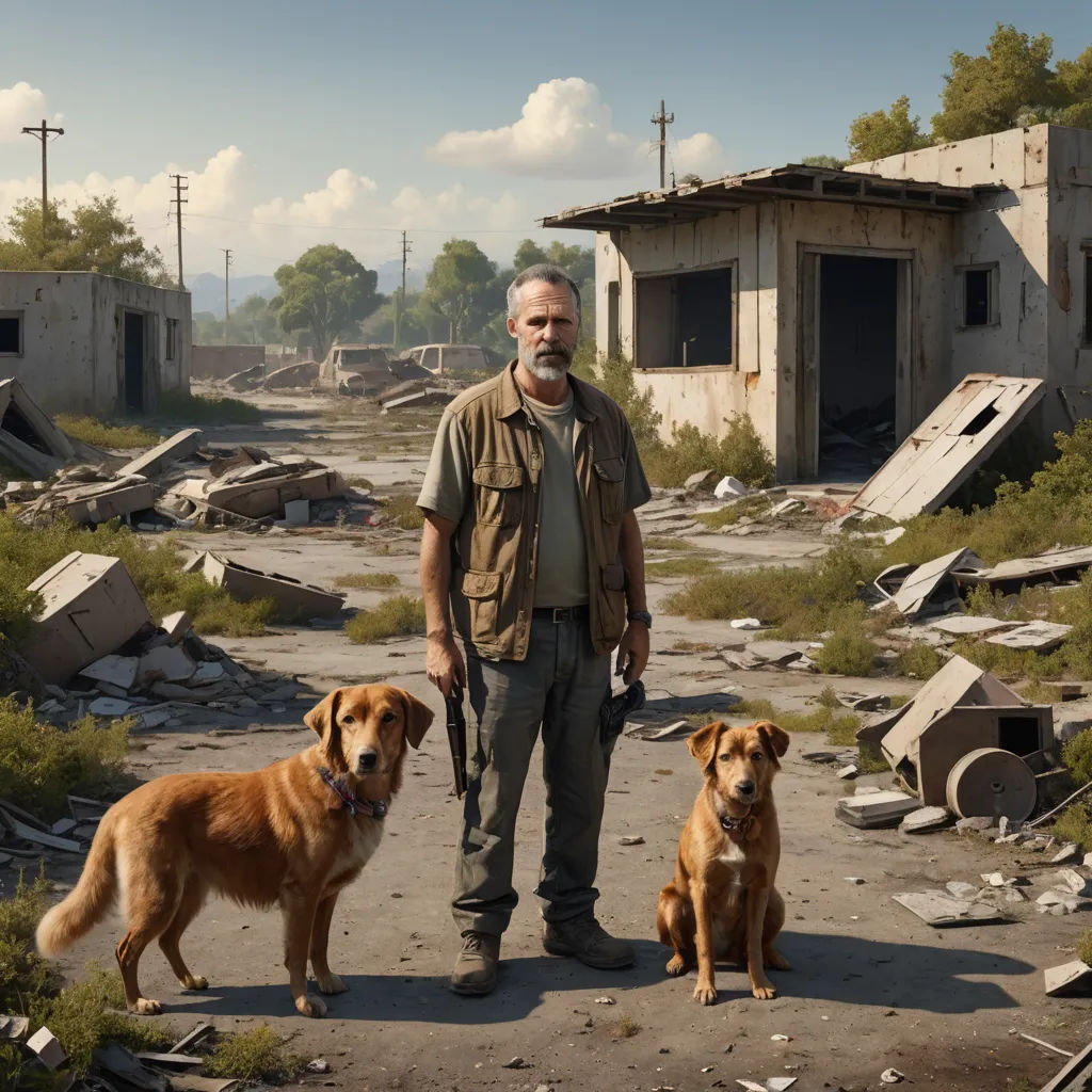 a man standing next to two dogs in a dirty area with a building in the background and a sky with clouds, american realism, a detailed matte painting, Filip Hodas, vfx