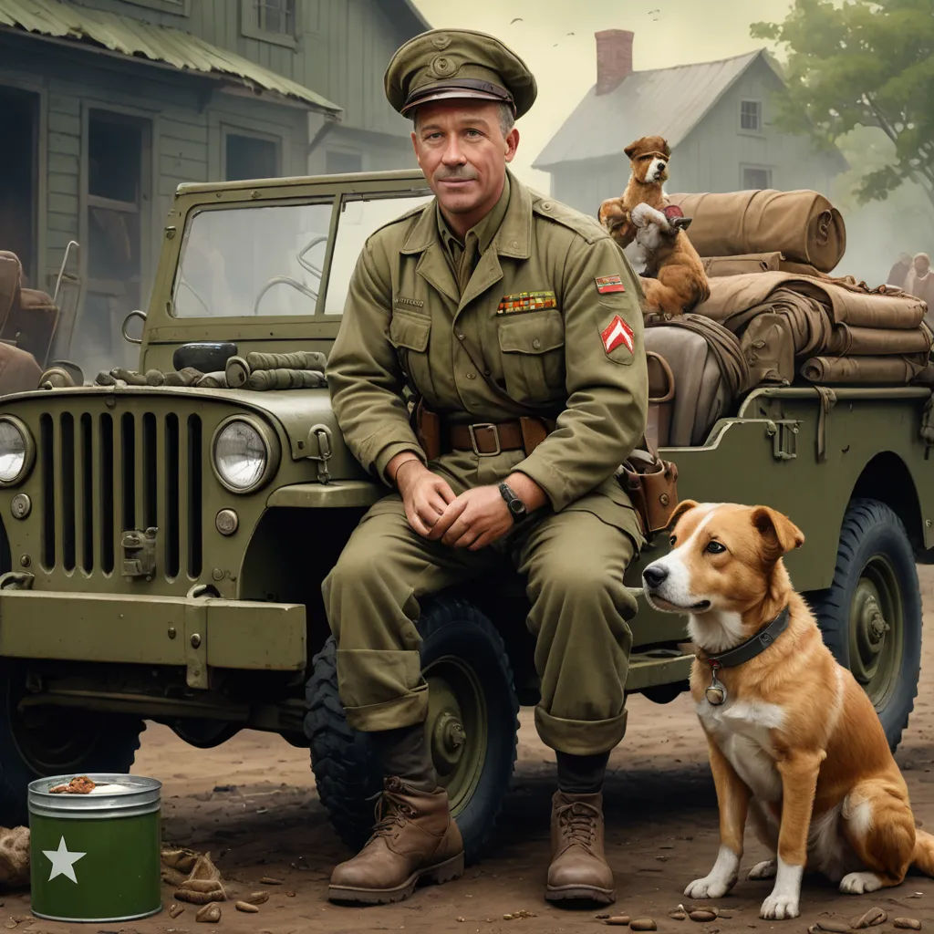 a man in uniform sitting on a military truck with a dog and a dog sitting on the front of it, american scene painting, a detailed matte painting, Charles Schulz, promotional image