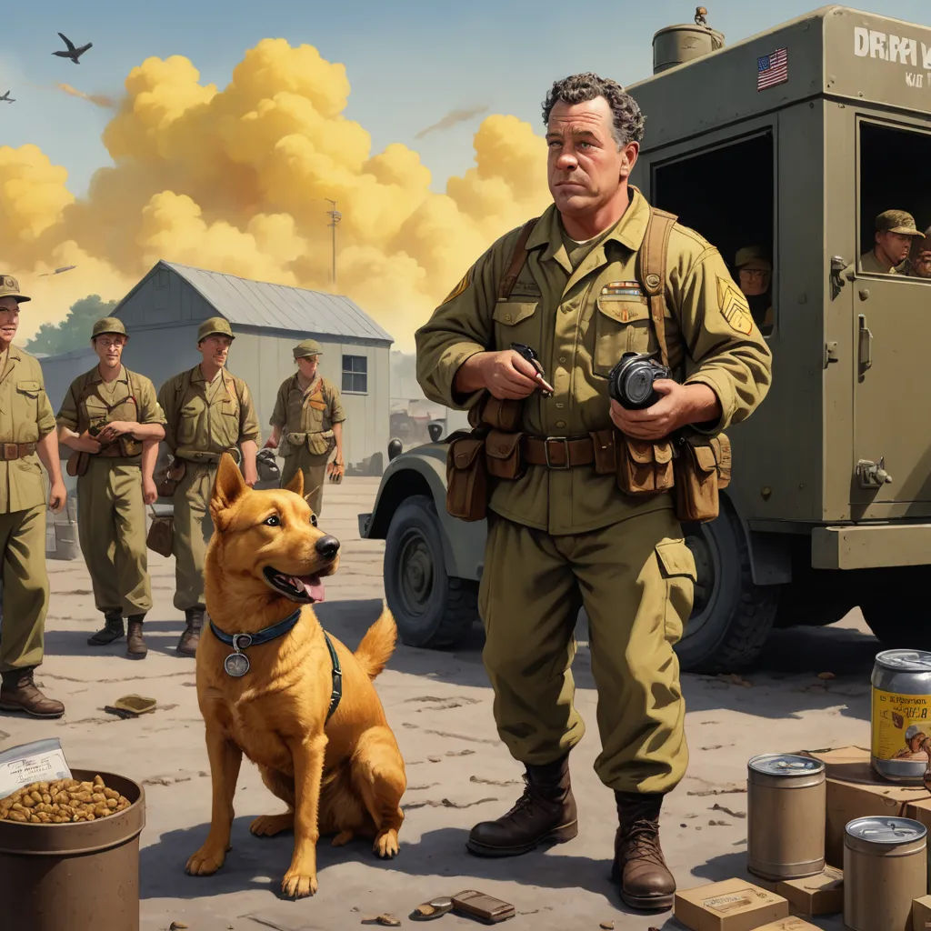 a man in uniform standing next to a dog and a soldier in uniform with other men in the background, american scene painting, a detailed matte painting, F. Scott Hess, highly detailed digital painting