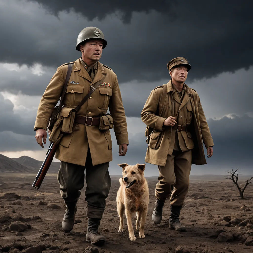 two men in uniforms walking with a dog on a dirt field under a cloudy sky with dark clouds above, dau-al-set, a colorized photo, Chang Dai-chien, promotional image