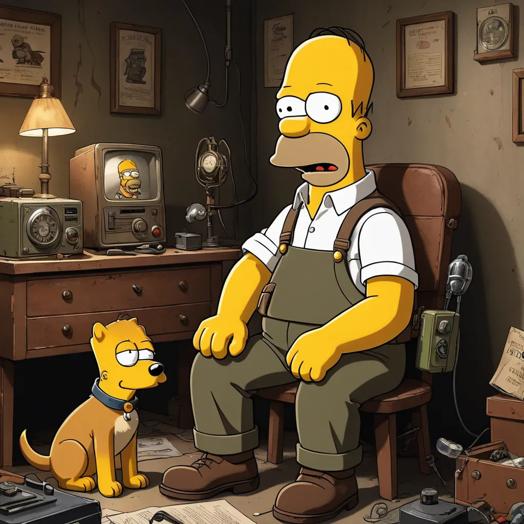 a cartoon character sitting in a chair next to a dog and a television set in a room with a desk and a lamp, furry art, a character portrait, Art Spiegelman, promotional image