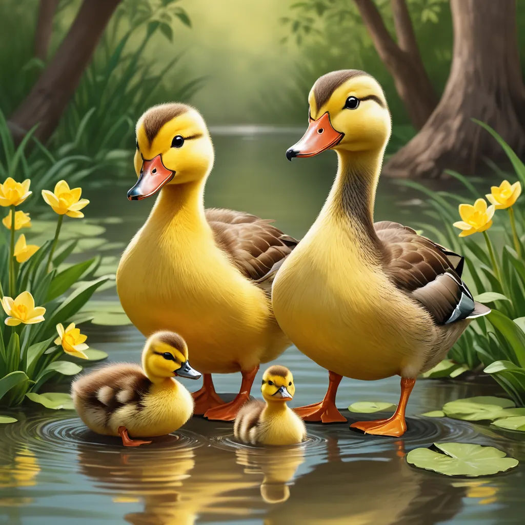 a painting of two ducks and their chicks in a pond of water with yellow flowers in the background and a forest of trees, american scene painting, a detailed painting, Anne Said, highly detailed digital painting