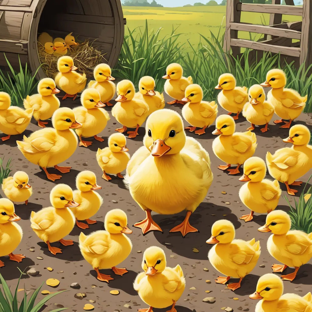 a bunch of little yellow ducks walking around a farm yard with a barrel of hay in the background and a bunch of little yellow ducks in the foreground, institutional critique, a storybook illustration, Chris LaBrooy, furaffinity