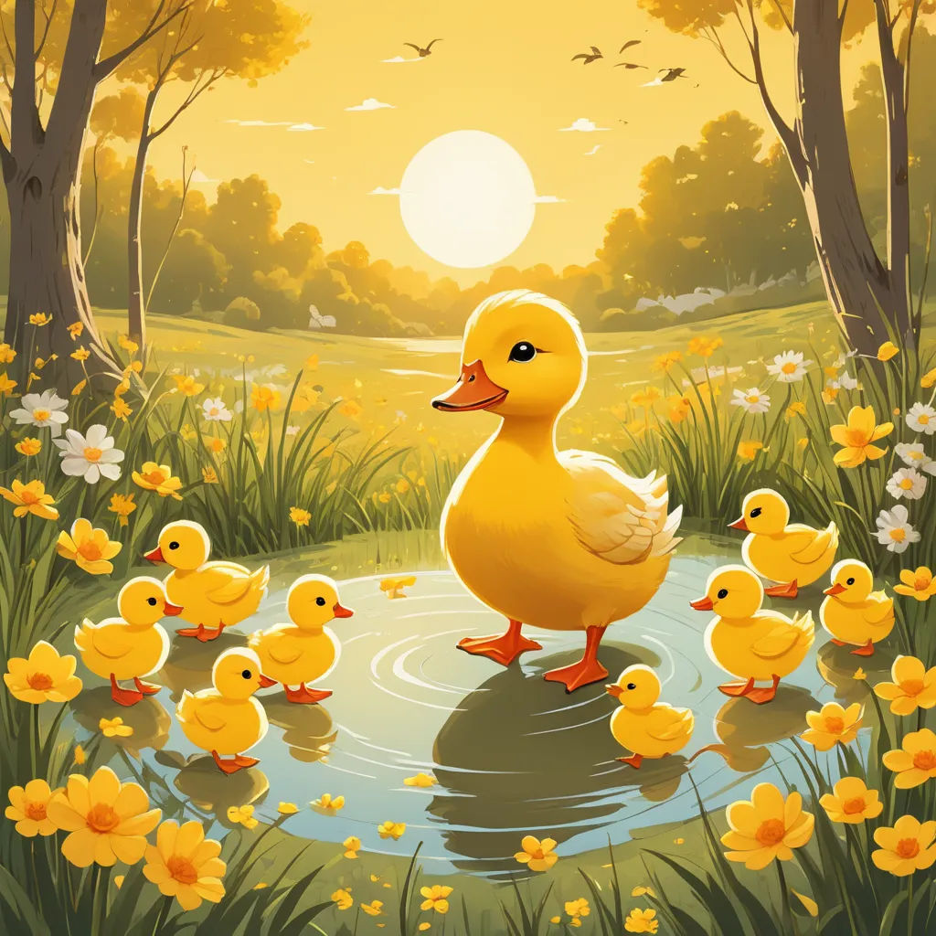 a duck family is swimming in a pond with yellow flowers and trees in the background, and a sun setting, context art, a storybook illustration, Chris LaBrooy, rossdraws global illumination